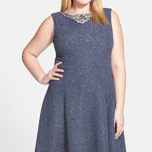 NEW Eliza J Embellished Neck Fit & Flare Dress Women‎ in Steel Grey [PLUS 14W ] - Picture 2 of 6